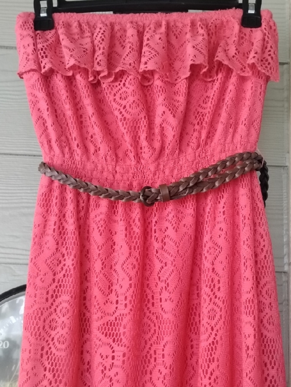 Derek Heart Coral Pink Strapless Lace Sundress with Braided Belt